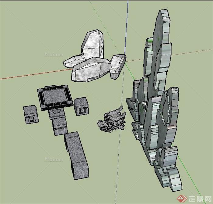 园林景观节点景石、石桌椅、龙头雕塑等设计SU模