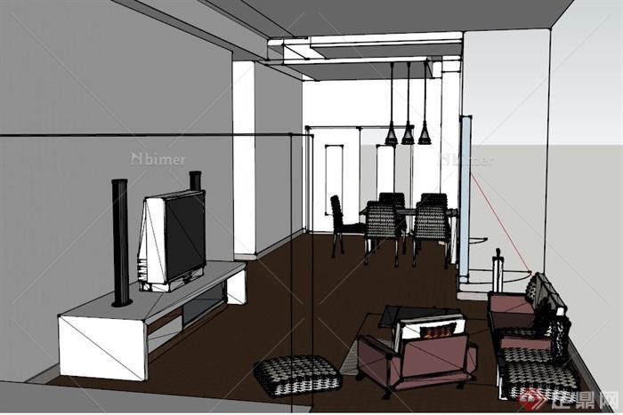 现代简约客厅及餐厅室内设计su模型