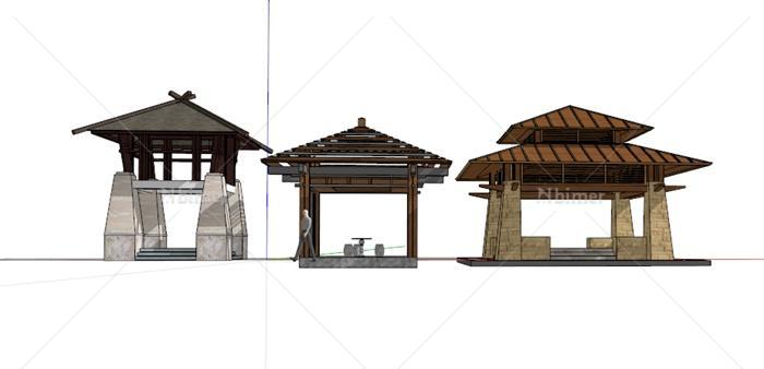 现代中式风格三个不同造型凉亭设计su模型[原创]