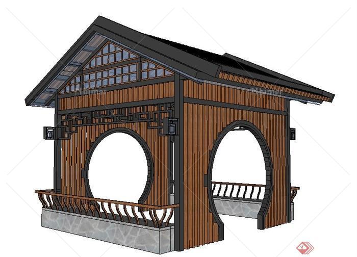 现代中式木质玻璃凉亭su模型