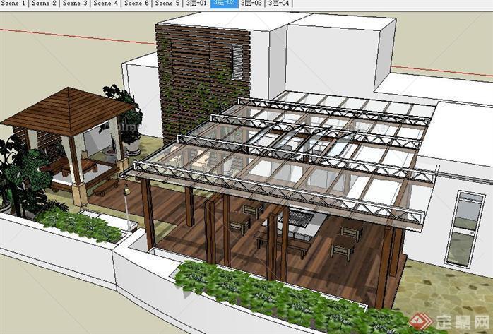 屋顶花园中式庭院SU精致设计模型