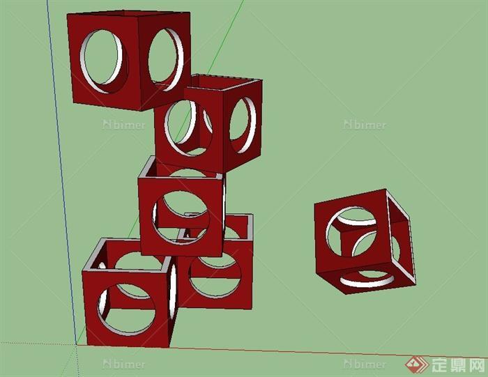 园林景观节点红色正方形堆叠小品设计SU模型