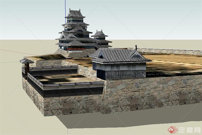 日式风格多层坡地古建筑设计SU模型