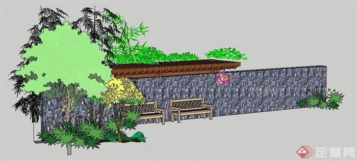 某住宅后院景观节点组合设计su模型（含景墙、植