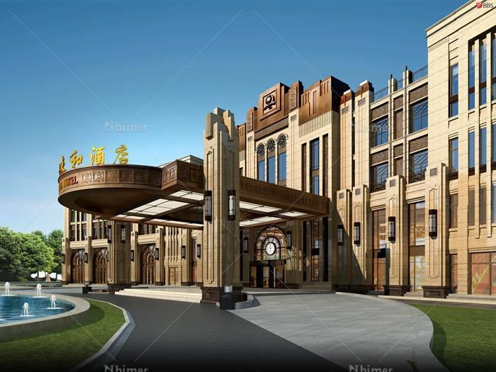 新古典风格酒店立面建筑设计su模型（带效果图）