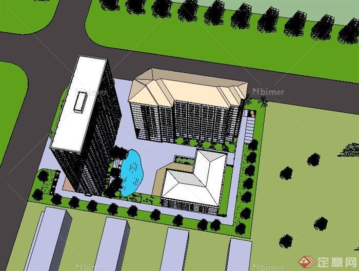 现代某高层综合办公楼建筑设计SU模型与CAD图