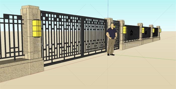 某新古典风格完整的小区入口大门围墙设计su模型