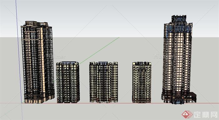 五栋高层欧式住宅建筑设计SU模型[原创]