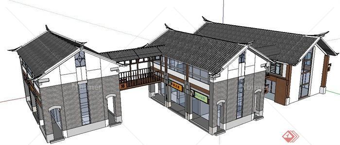 现代中式二层商铺建筑设计su模型