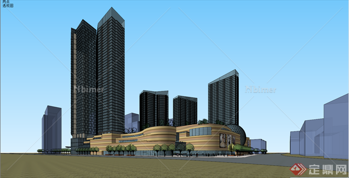 现代风格城市综合体+商场建筑设计su精致模型[原