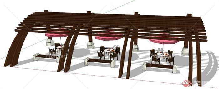 现代风格木制扇形休息廊架su模型