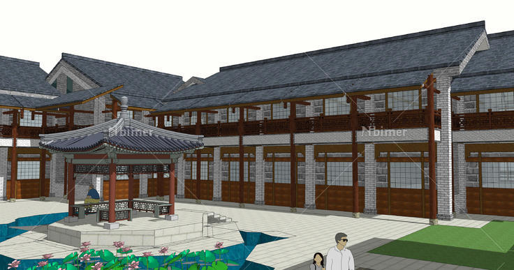 中式新古典庭院式住宅建筑设计sketchup模型