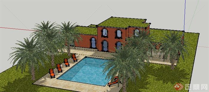 某现代风格带游泳池别墅建筑设计su模型