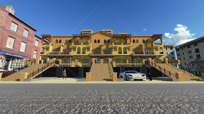 西班牙联排别墅建筑设计方案（SU模型+JPG效果图