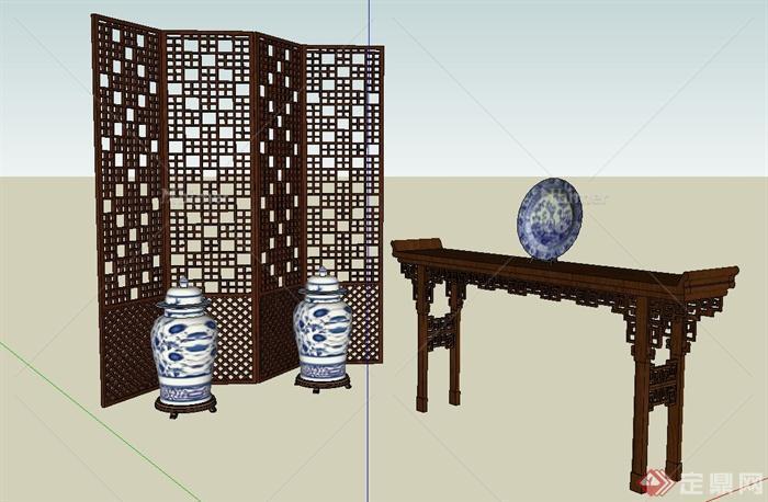 室内古典中式屏风与置物架设计SU模型