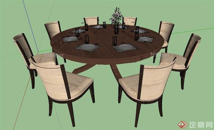 室内八人木质装饰餐桌椅设计SU模型