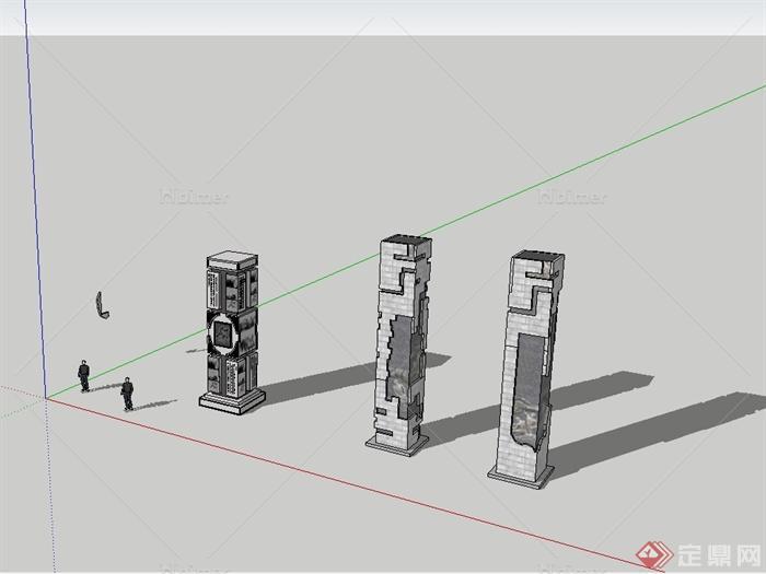 现代中式风格详细浮雕柱建筑设计su模型[原创]
