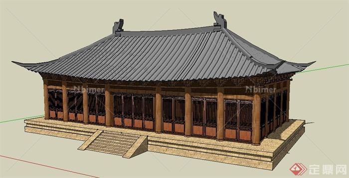 古典中式风格单层寺庙建筑设计su模型[原创]