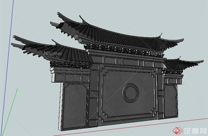 中式风格重檐照壁su模型
