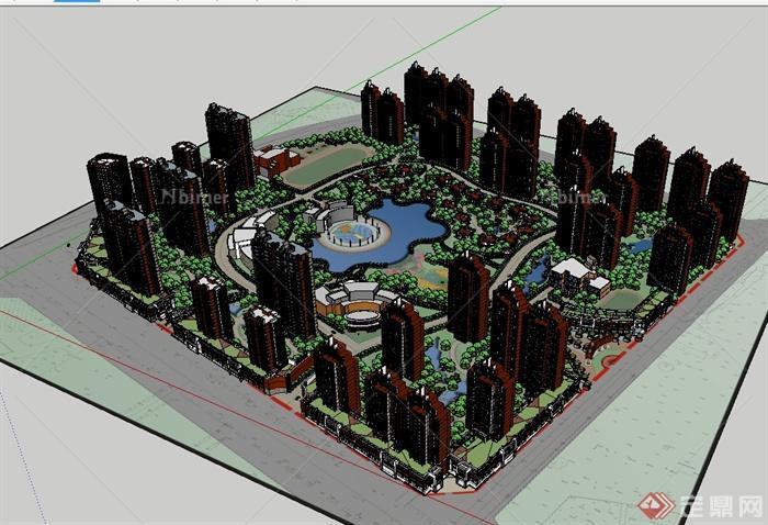 现代风格居住区建筑及景观规划设计SU模型[原创]