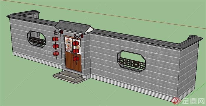 古典中式建筑节点入口门与围墙设计SU模型