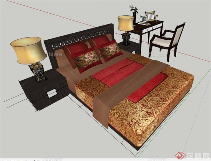 中式风格双人床及书桌椅su模型