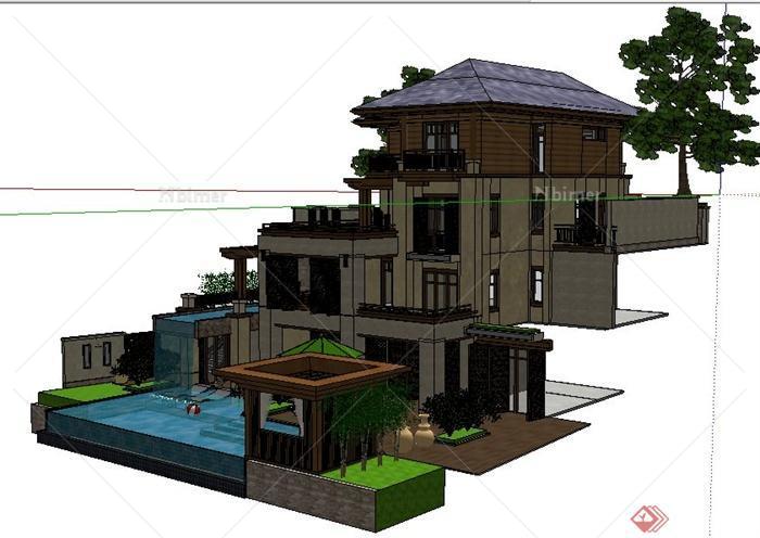 现代中式风格山地别墅住宅建筑设计su模型