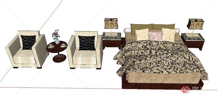 中式风格床及沙发茶几su模型