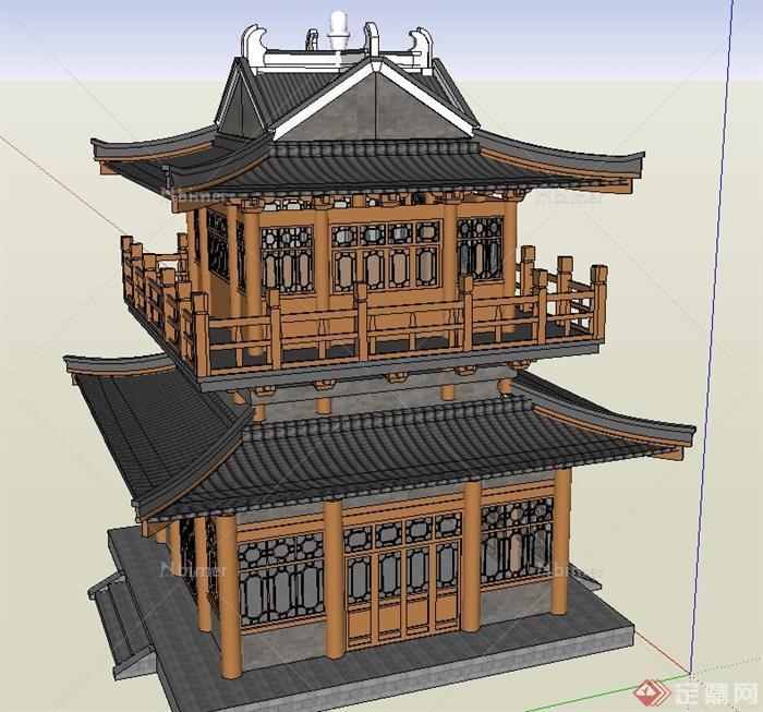 某古典中式两层阁楼建筑设计SU模型