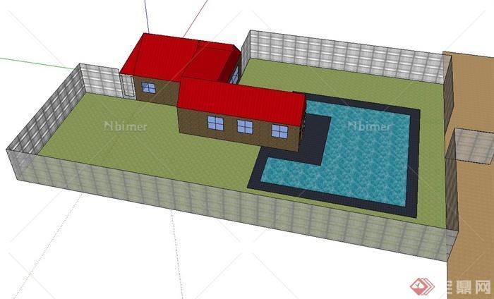 某乡村小屋建筑设计SU模型（带水池）