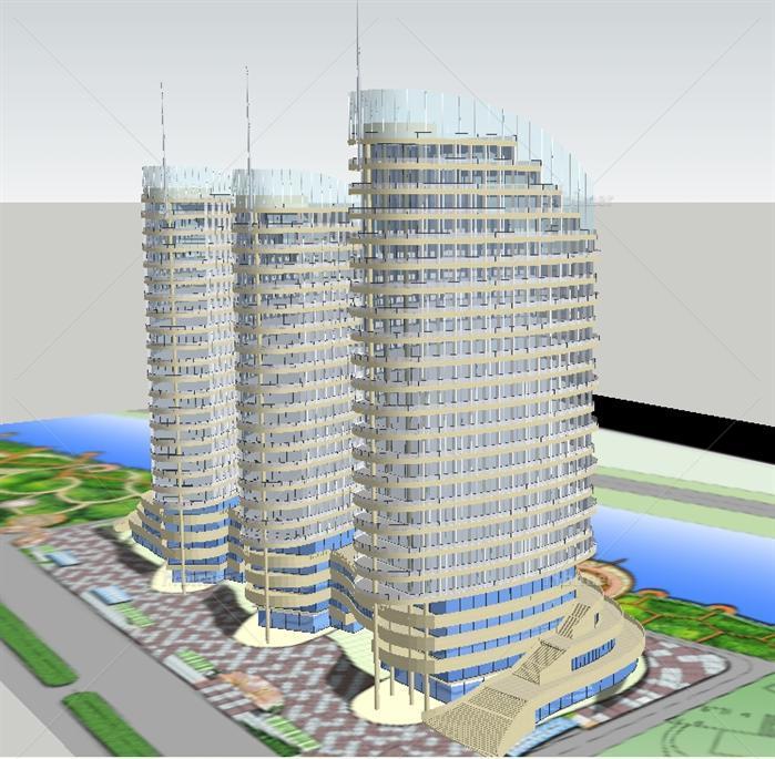 滨河CBD中心综合体建筑SketchUp精致设计模型[原