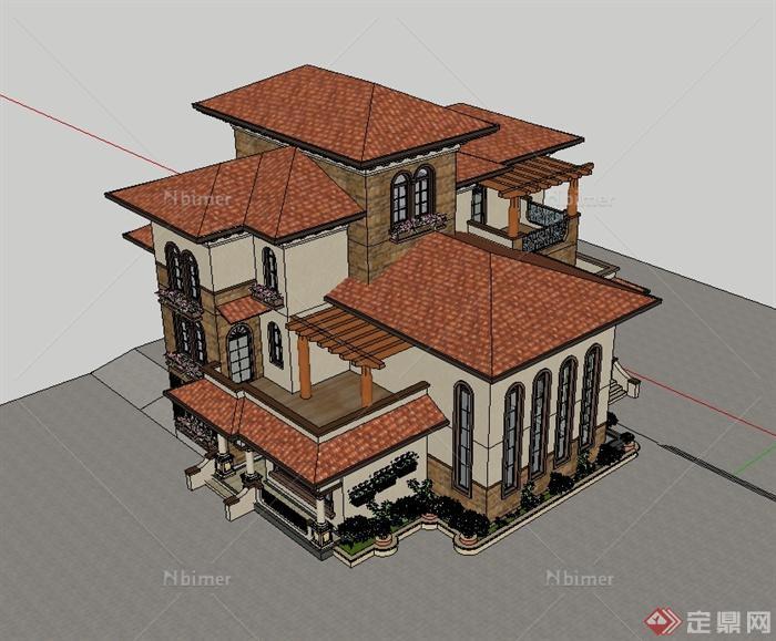 某欧式风格精致详细完整独栋别墅建筑设计su模型