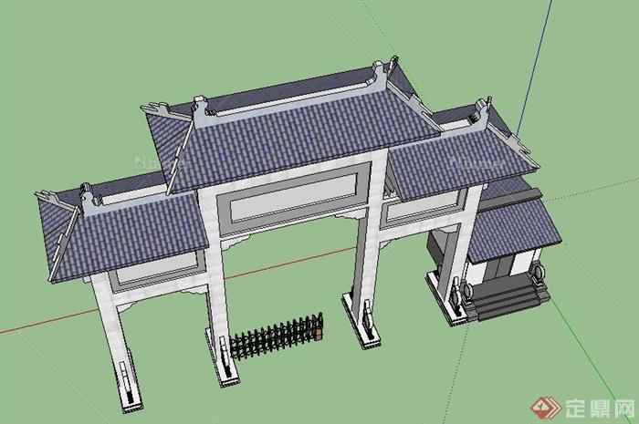 古典中式牌坊门廊与门卫室设计SU模型