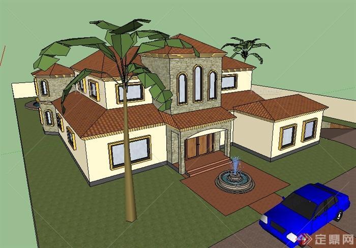 某现代庭院式别墅住宅建筑设计SU模型