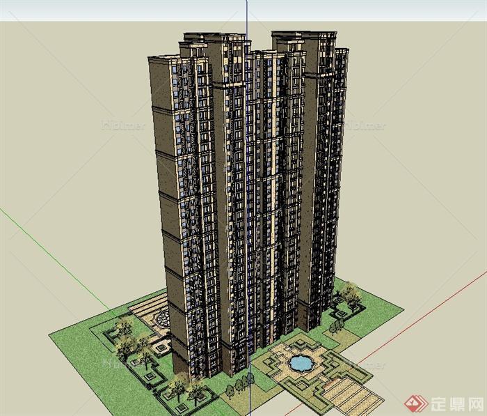 某现代风格详细玩的高层居住建筑楼设计su模型[原