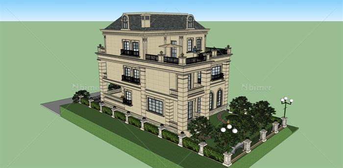 某三层简欧现代风格独栋豪华别墅建筑设计SU模型