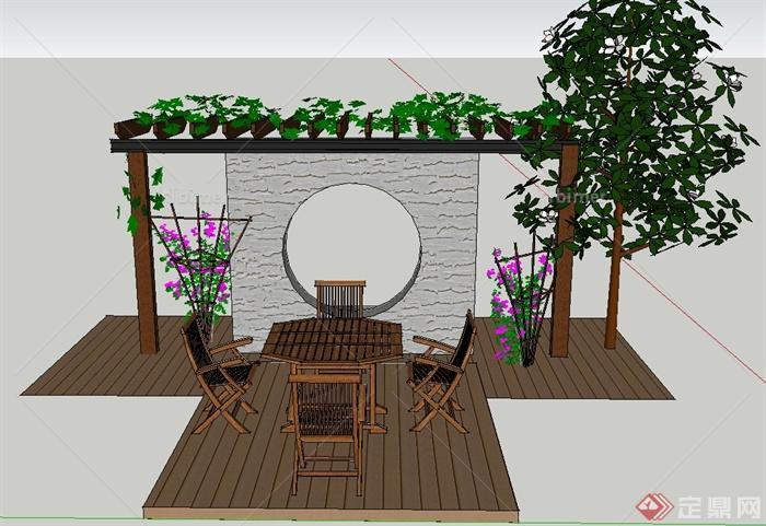 园林景观节点木桌椅、景墙设计SU模型