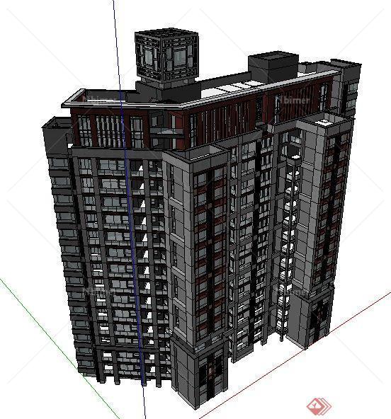 现代中式高层公寓住宅楼建筑设计su模型