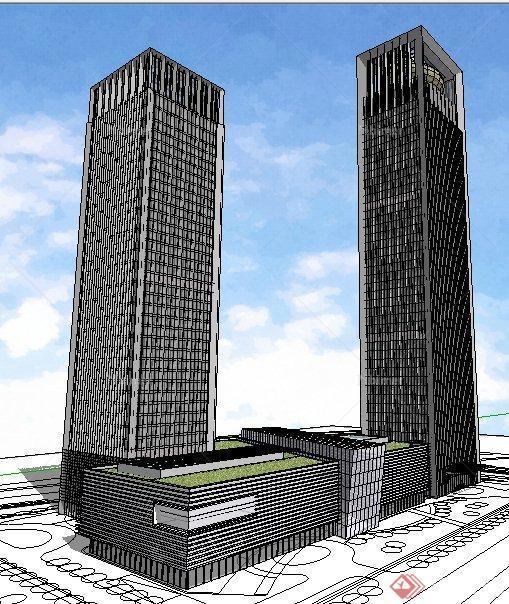 现代风格高层双栋办公大楼建筑设计SU模型
