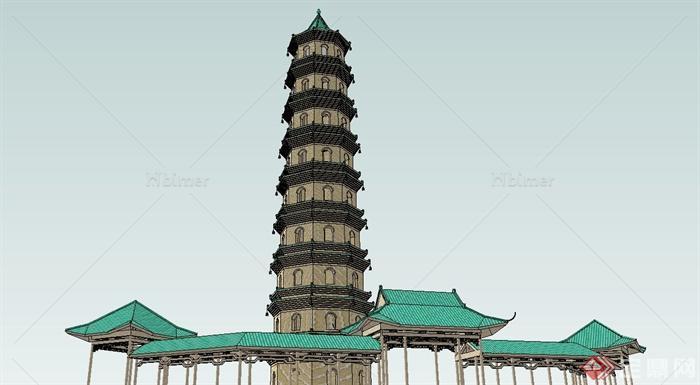 某精致古典中式风格旅游古建塔楼设计SU模型[原创