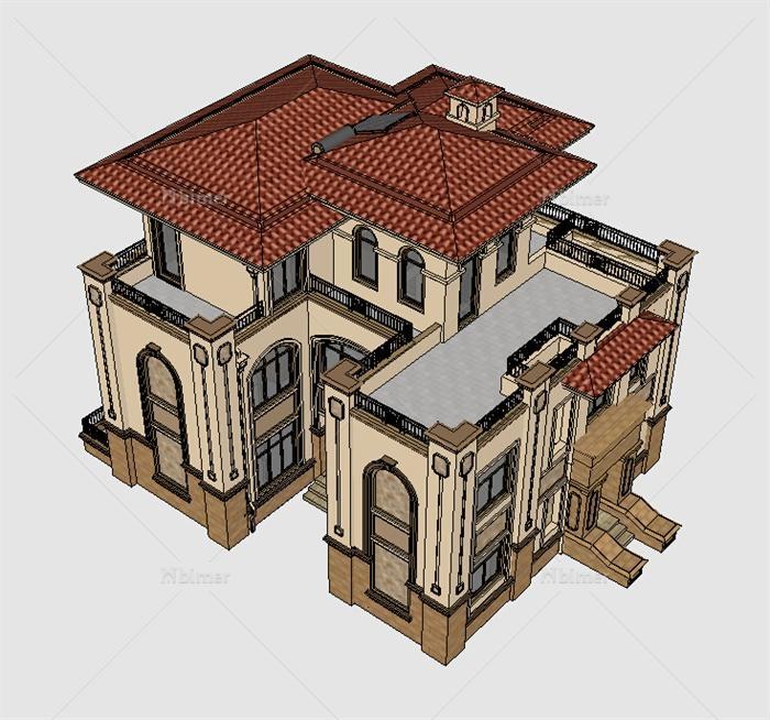 某西班牙独栋精致别墅建筑楼设计su模型[原创]