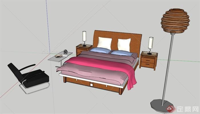 现代简约床及床头柜组合家具su模型