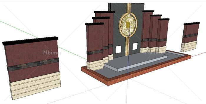 多种中式园林建筑组件景墙照壁su精致设计模型[原