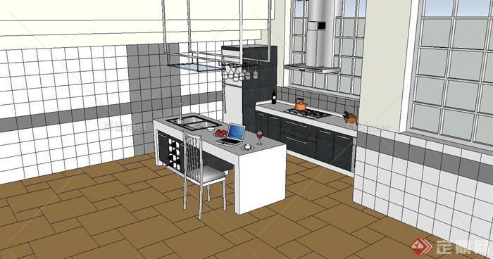单个现代厨房设计su模型