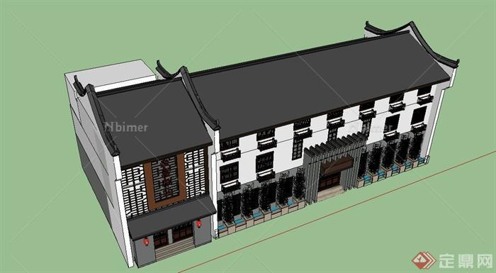 古典中式三层宾馆建筑设计SU模型[原创]