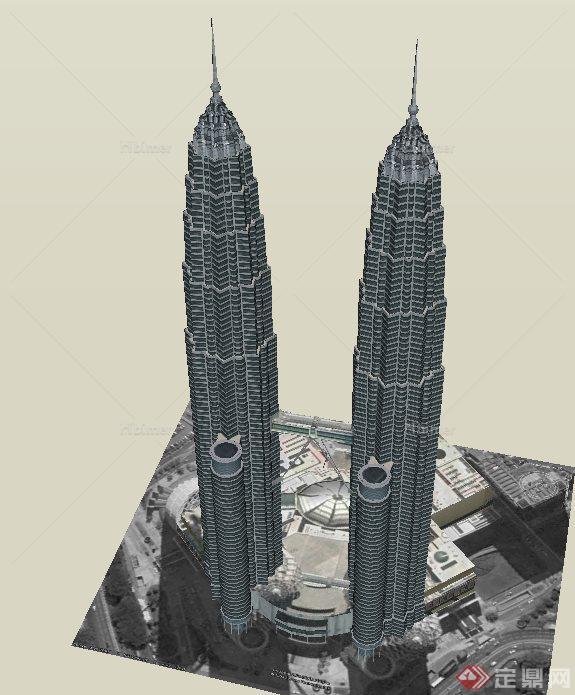 某现代超高层双塔办公建筑设计su模型