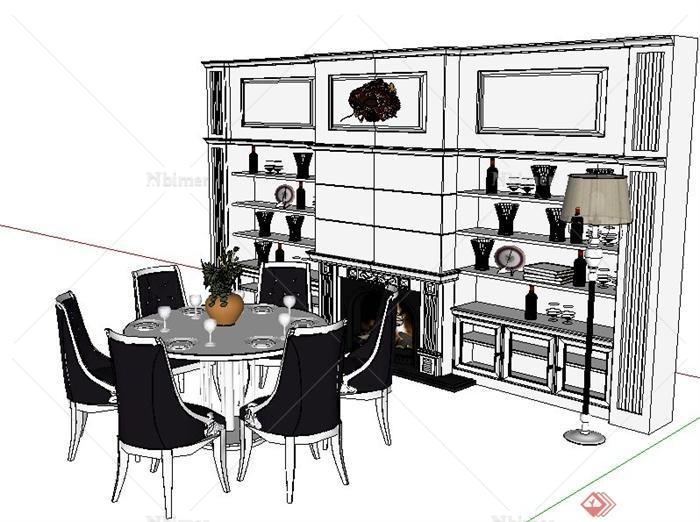 欧式风格餐桌椅、壁炉陈列柜su模型