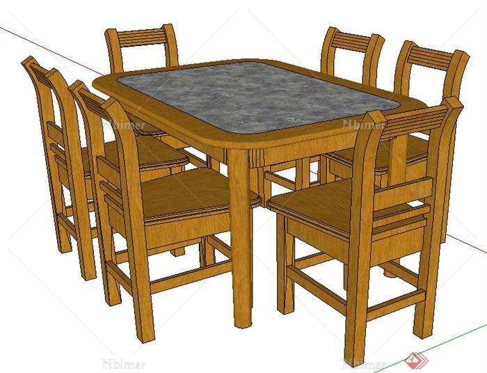 简约中式六人座餐桌椅su模型