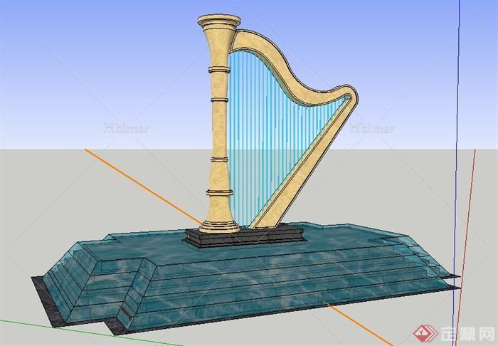 园林景观竖琴雕塑叠水池su模型
