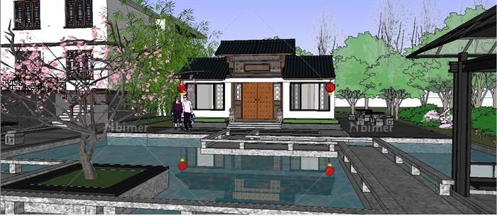 新中式私人大别墅建筑与景观SU精致设计模型[原创